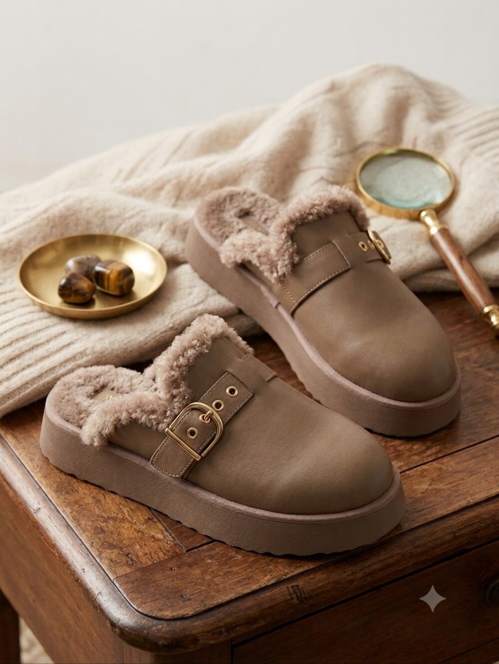 Mia Women’s Sugary Sugary Taupe Faux Shearling Platform Mules Size 8